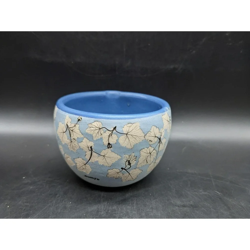 Vintage Wizards Of Clay Studio Art Pottery Impressed Leaf Blue Batter Bowl 5